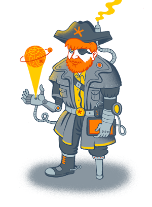 The Geppetto mascot, a pirate holding a glowing ball of tangled string